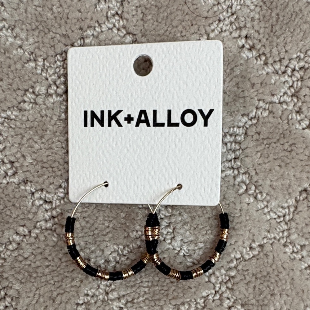 NWT INK + ALLOY Black & Gold Beaded Hoop Earrings